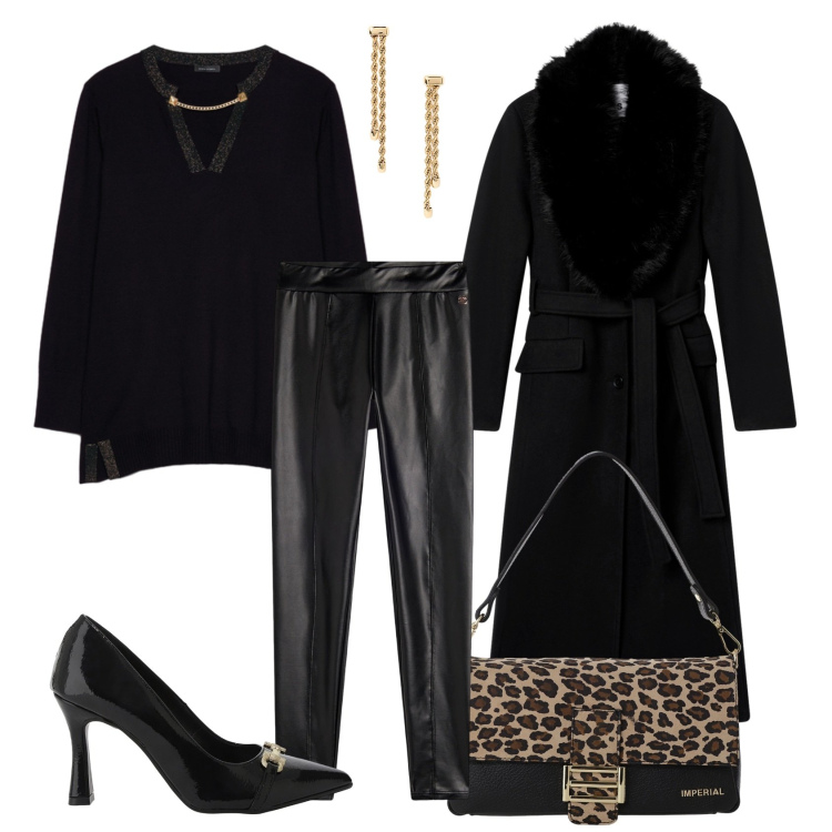 Outfit donna - Curvy elegante di sera.... Stile Sexy per Serata fuori. Abbinamento con cappotti, borse a spalla, décolleté, treggings, orecchini, maglieria.