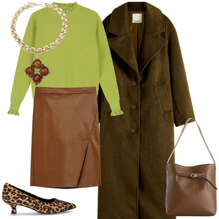 Outfit donna - Cappotto marrone must have. Stile Glamour per Tutti i giorni. Abbinamento con cappotti, borse a mano, gonne longuette, collane, maglieria, décolleté.