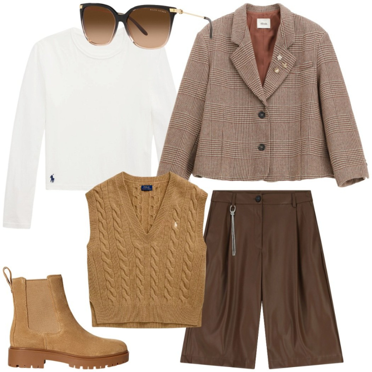 Outfit donna - Urban style. Stile Casual chic per Tutti i giorni. Abbinamento con blazer, shorts, occhiali da sole, t-shirt, stivaletti chelsea, maglieria.