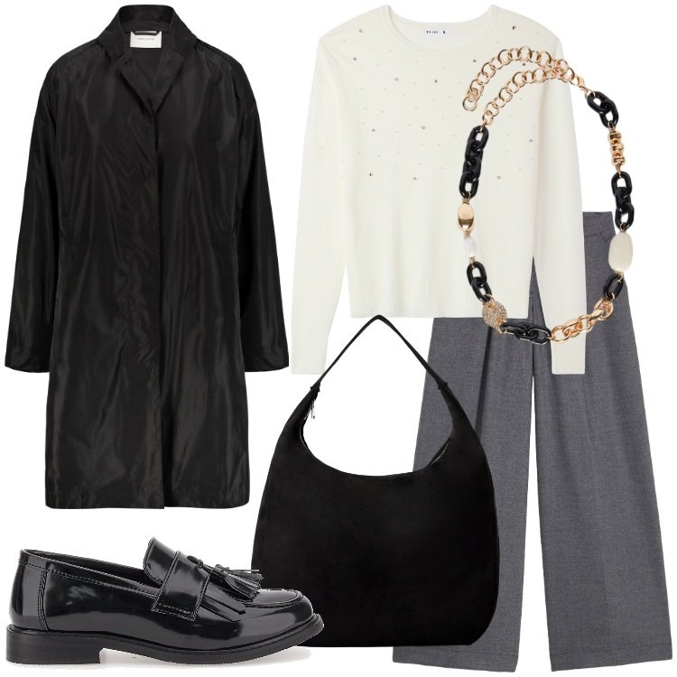 Outfit donna - Trench oversize. Stile Urban per Ufficio. Abbinamento con pantaloni, maglieria, borse a mano, trench, mocassini, collane.