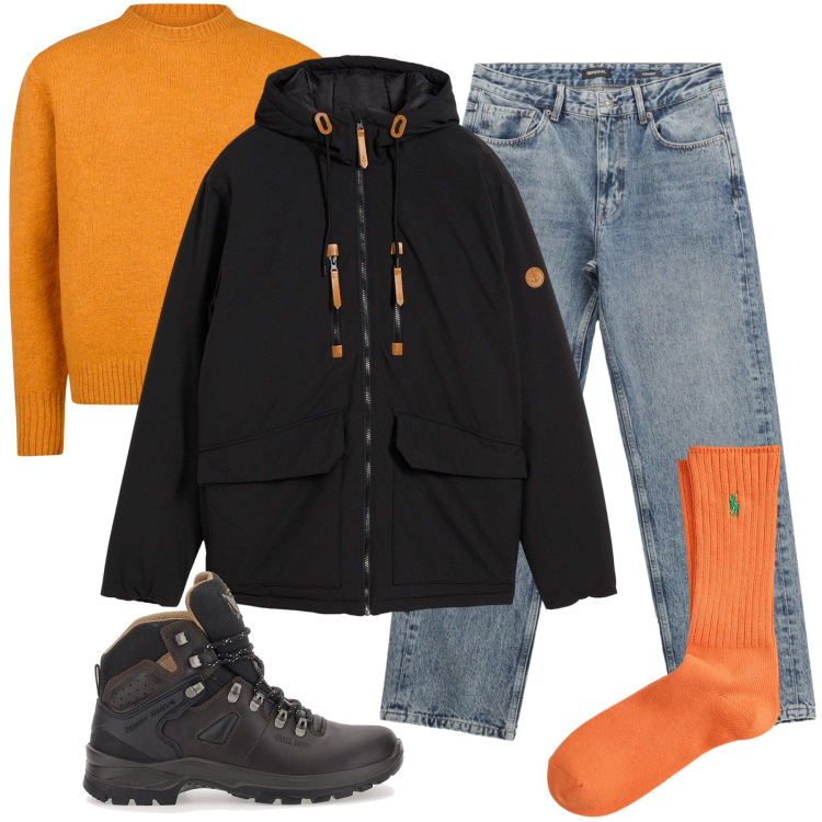Outfit uomo - Arancio Halloween. Stile Urban per Tutti i giorni. Abbinamento con parka, jeans dritti, calzini, maglieria, stivali e stivaletti.