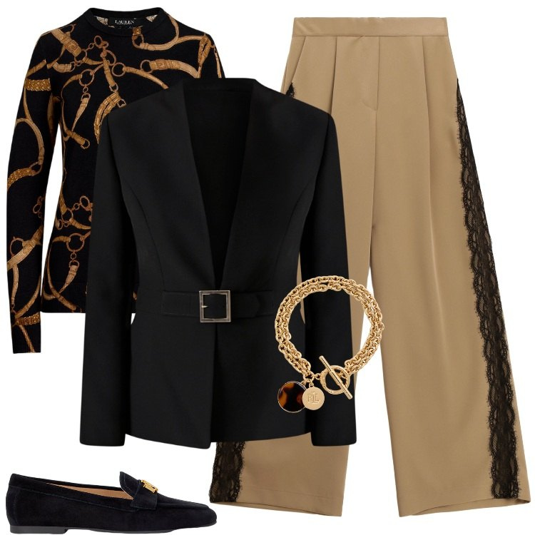 Outfit donna - Total look #2260564. Stile Boho per Cerimonia. Abbinamento con blazer, pantaloni a palazzo, maglieria, mocassini, braccialetti con ciondoli.
