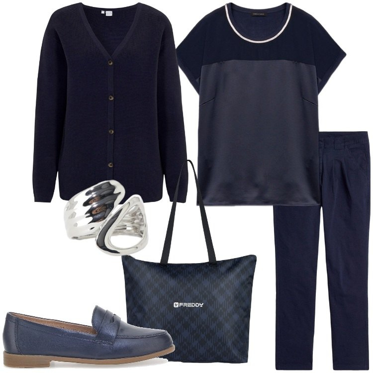 Outfit donna - Solo blu. Stile Casual chic per Tutti i giorni. Abbinamento con cardigans, pantaloni chino, shopping bag, anelli, top, mocassini.