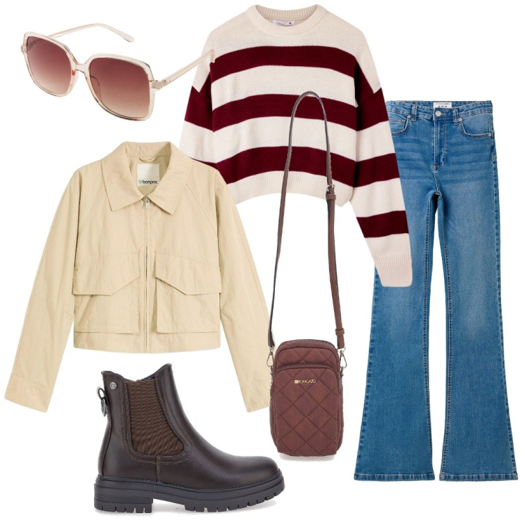 Outfit donna - Urban style. Stile Casual per Tutti i giorni. Abbinamento con occhiali da sole, trench, maglieria, jeans a zampa, borse a tracolla, stivaletti chelsea.