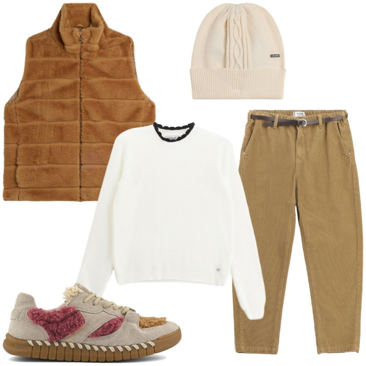 Outfit donna - Passeggiata al parco. Stile Casual per Tutti i giorni. Abbinamento con pullovers, pantaloni chino, gilet, berretti, sneakers.