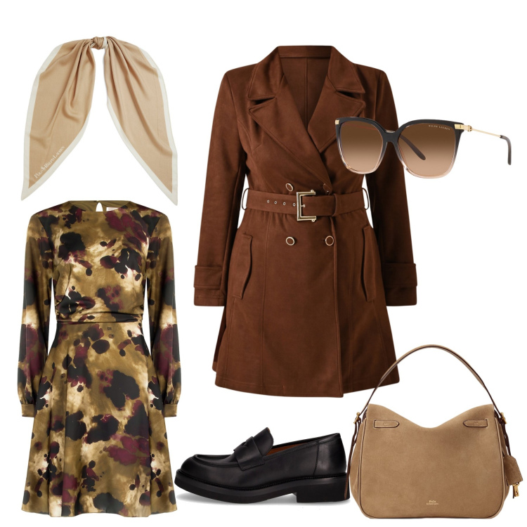 Outfit donna - My trench. Stile Casual chic per Ufficio. Abbinamento con vestiti midi/longuette, trench, occhiali da sole, borse a mano, foulard, mocassini.