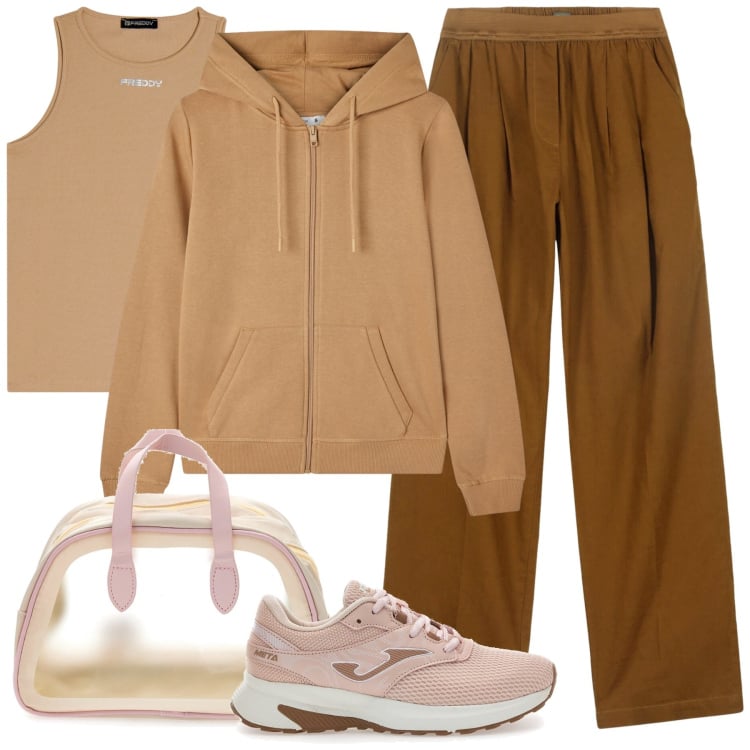 Outfit donna - Cozy. Stile Trendy per Tutti i giorni. Abbinamento con felpe con cappuccio, canottiere, sneakers, pantaloni, valigie.