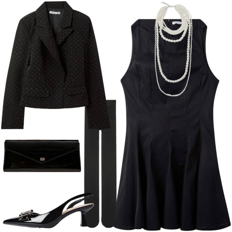 Outfit donna - Festa di compleanno. Stile Chic per Scuola/Università. Abbinamento con blazer, vestiti corti, décolleté, collant, pochette, collane.