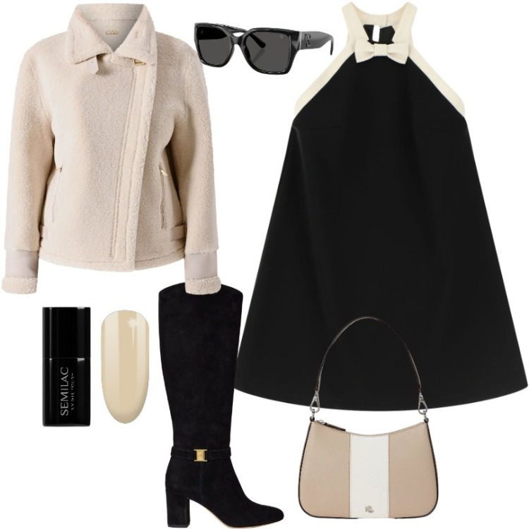 Outfit donna - Beige e nero. Stile Trendy per Tutti i giorni. Abbinamento con smalti, ecopellicce, vestiti corti, occhiali da sole, borse a spalla, stivali.