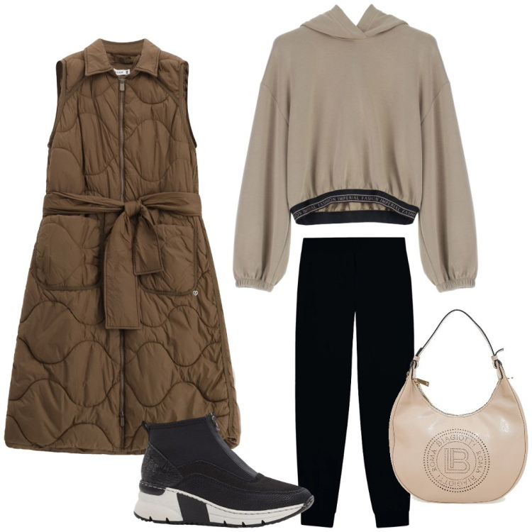 Outfit donna - Primi freddi. Stile Casual per Tutti i giorni. Abbinamento con sneakers, blazer, felpe con cappuccio, pantaloni, borse a spalla.