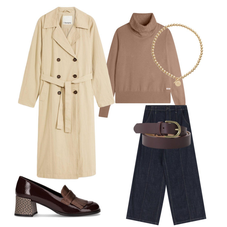 Outfit donna - Total look #2260575. Stile Casual chic per Scuola/Università. Abbinamento con trench, jeans, cinture, maglieria, collane, mocassini.