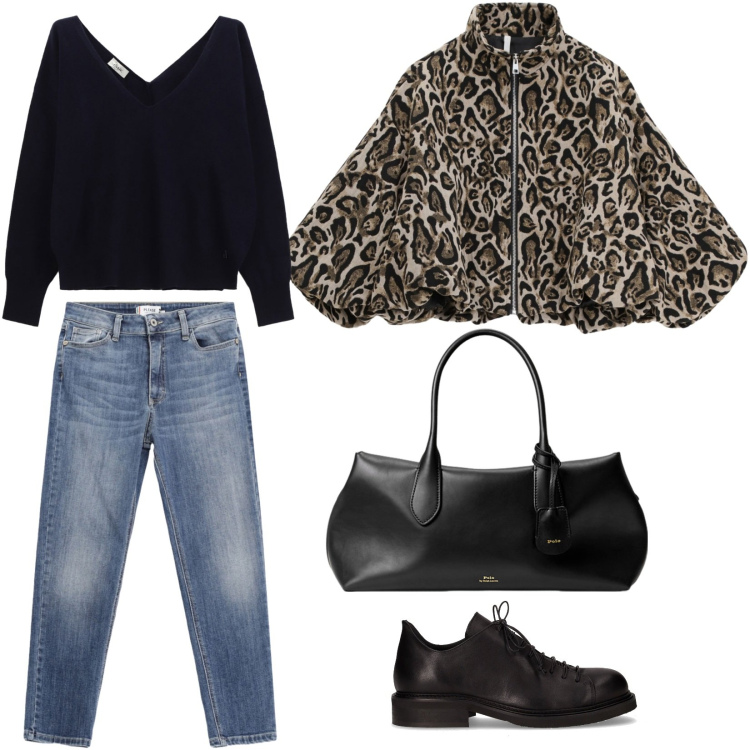 Outfit donna - Look chic leopard. Stile Chic per Tutti i giorni. Abbinamento con jeans skinny, bomber, maglieria, borse a mano, scarpe stringate.