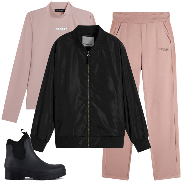 Outfit donna - Total look #2260577. Stile Trendy per Tutti i giorni. Abbinamento con bomber, maglieria, pantaloni, stivali.