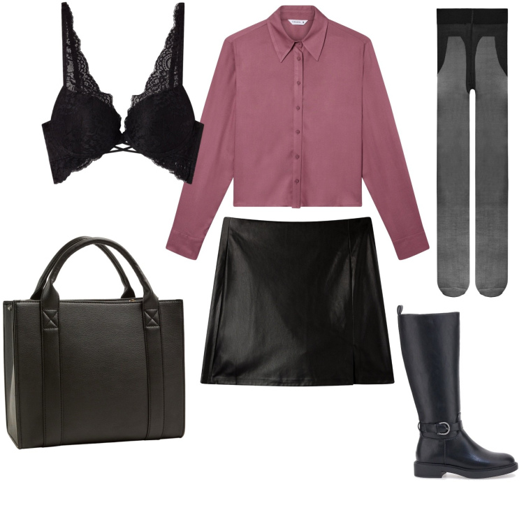 Outfit donna - Passeggiata domenica pomeriggio. Stile Glamour per Serata fuori. look ideale per Petite. Abbinamento con borse tote, minigonne, reggiseni, camicie, collant, stivali sopra il ginocchio.