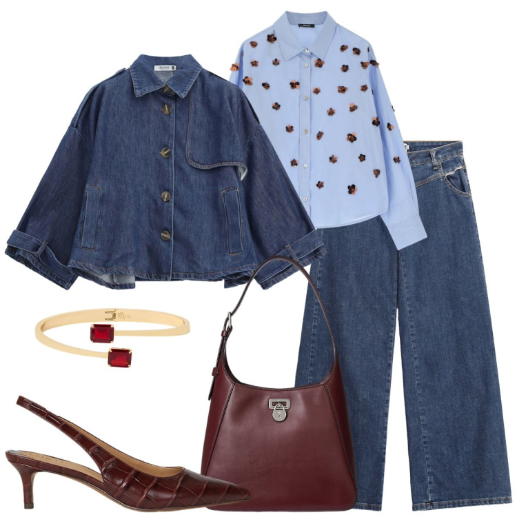 Outfit donna - In jeans. Stile Basic per Ufficio. Abbinamento con jeans, blazer, camicie, décolleté, borse a spalla, braccialetti.