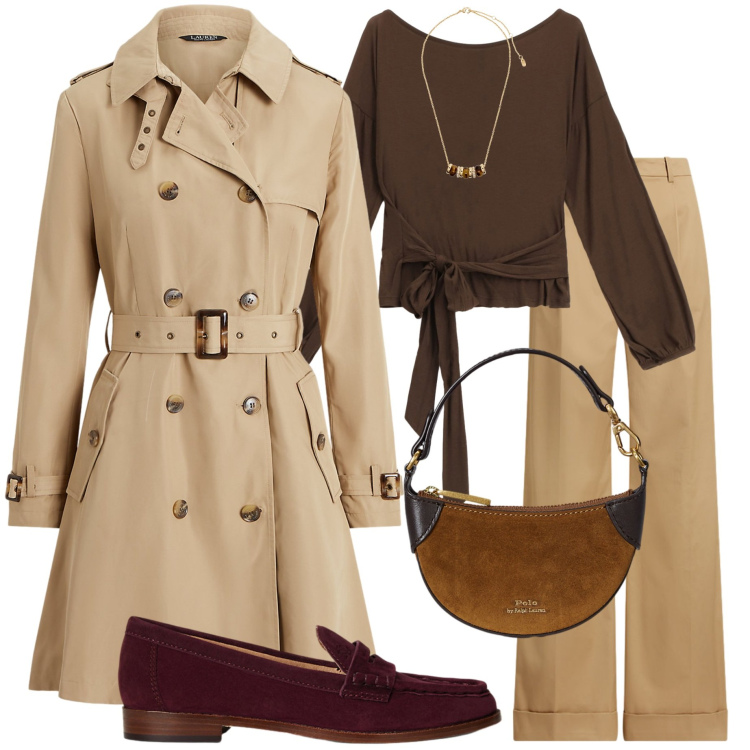 Outfit donna - Trench season. Stile Sporty chic per Tutti i giorni. Abbinamento con top, trench, collane, pantaloni, mocassini, portafogli.