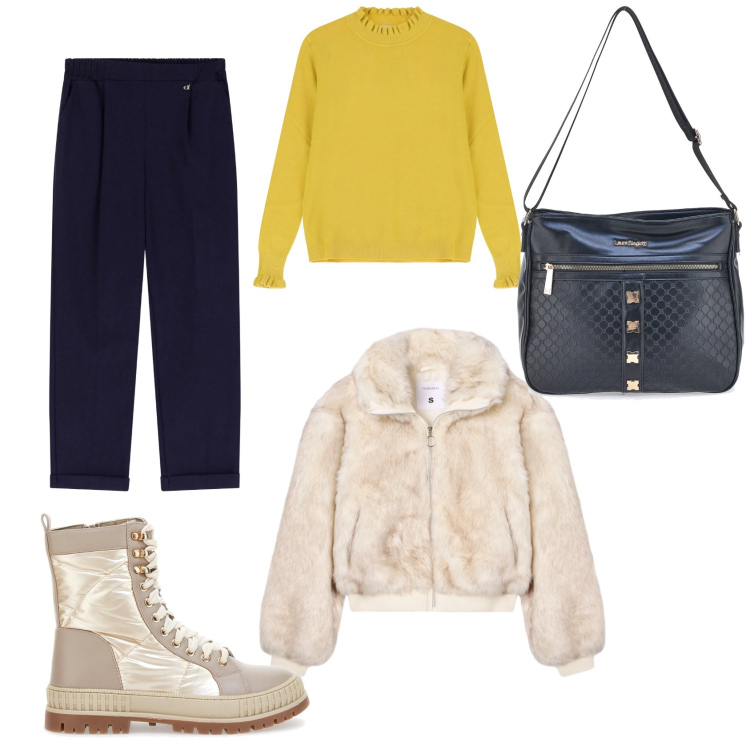 Outfit donna - Total look #2260582. Stile Casual chic per Tutti i giorni. Abbinamento con ecopellicce, pantaloni, maglieria, stivaletti, borse a tracolla.