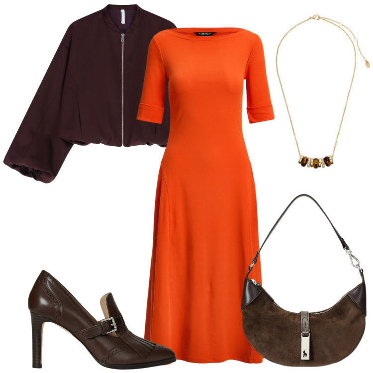 Outfit donna - L\'abito lungo. Stile Bon Ton per Serata fuori. Abbinamento con bomber, borse a spalla, collane, décolleté, vestiti.