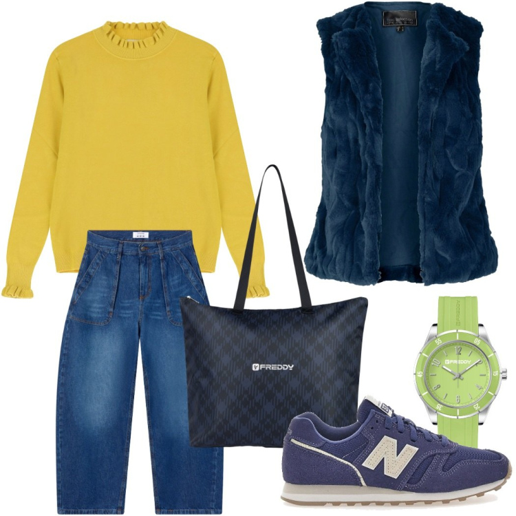 Outfit donna - Tempo libero. Stile Casual chic per Tutti i giorni. Abbinamento con gilet, jeans, maglieria, orologi, shopping bag, sneakers.