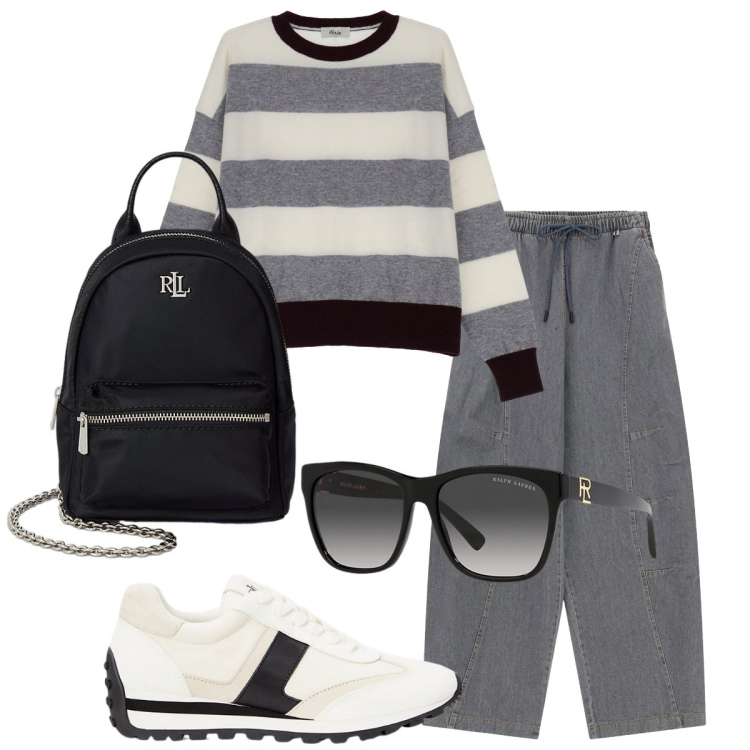 Outfit donna - Il pullover a righe. Stile Casual per Ufficio. Abbinamento con pantaloni a palazzo, maglieria, occhiali da sole, sneakers, zaini.