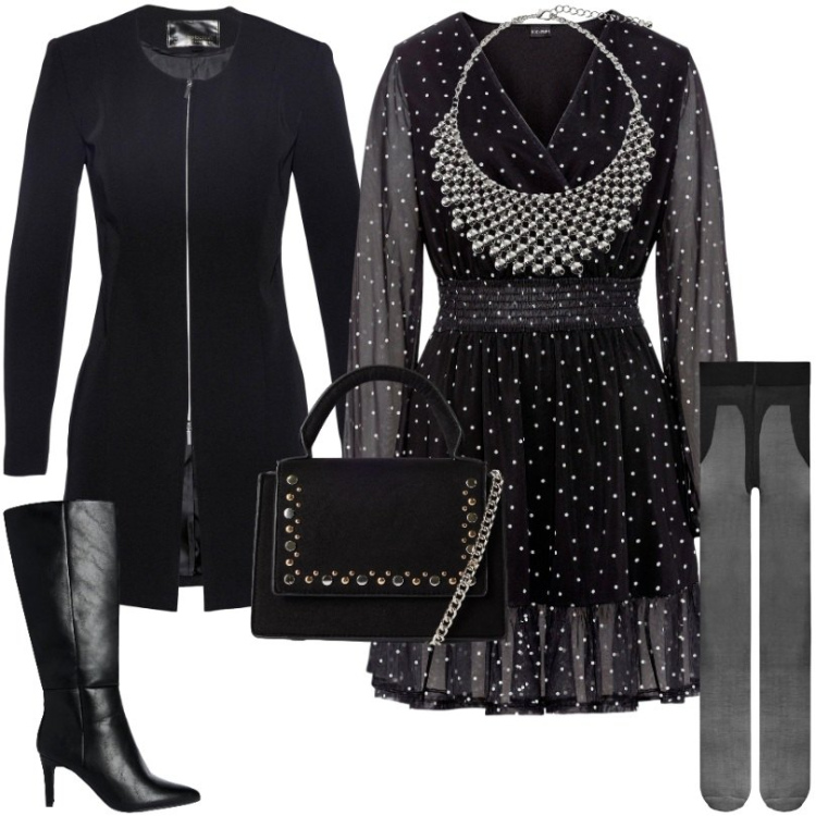 Outfit donna - Cena fuori. Stile Chic per Serata fuori. Abbinamento con vestiti corti, blazer, collant, borse a tracolla, stivali sopra il ginocchio, collane.