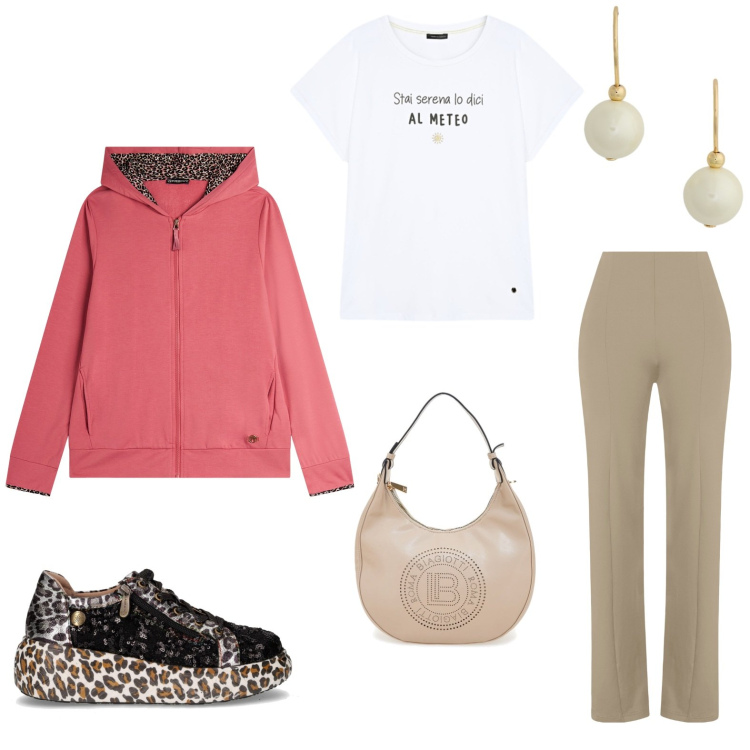 Outfit donna - Total look #2260593. Stile Casual per Tutti i giorni. Abbinamento con felpe con cappuccio, pantaloni skinny, orecchini, sneakers, borse a spalla, t-shirt.