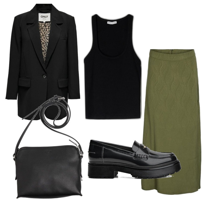 Outfit mujer - Urban #5992. Estilo Urban para Oficina. Combinación con falda longuette, blazers, mocasines, camisetas sin mangas, bolsos saco.