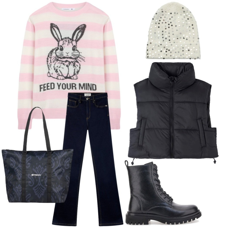 Outfit donna - Lezione all\' università. Stile Casual per Scuola/Università. Abbinamento con jeans a zampa, maglieria, berretti, piumini, shopping bag, anfibi.