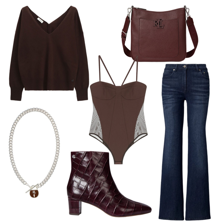 Outfit donna - Chocolate brown. Stile Urban per Tutti i giorni. Abbinamento con maglieria, body, jeans, stivaletti, ciondoli, borse a tracolla.