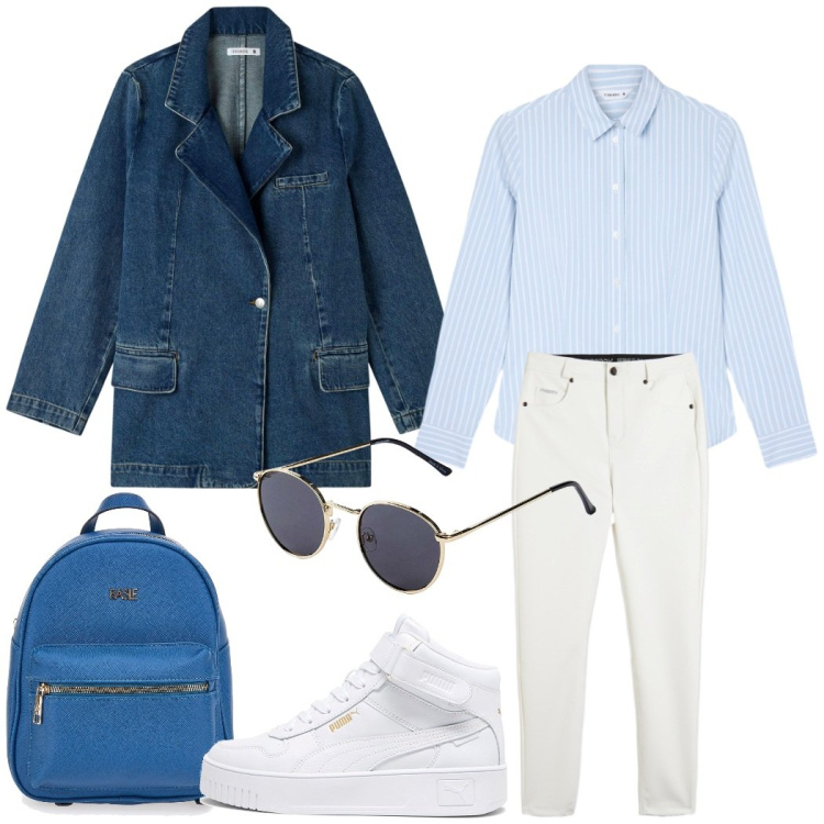 Outfit donna - Urban style. Stile Casual per Scuola/Università. Abbinamento con occhiali da sole, blazer, camicie, pantaloni skinny, sneakers, zaini.