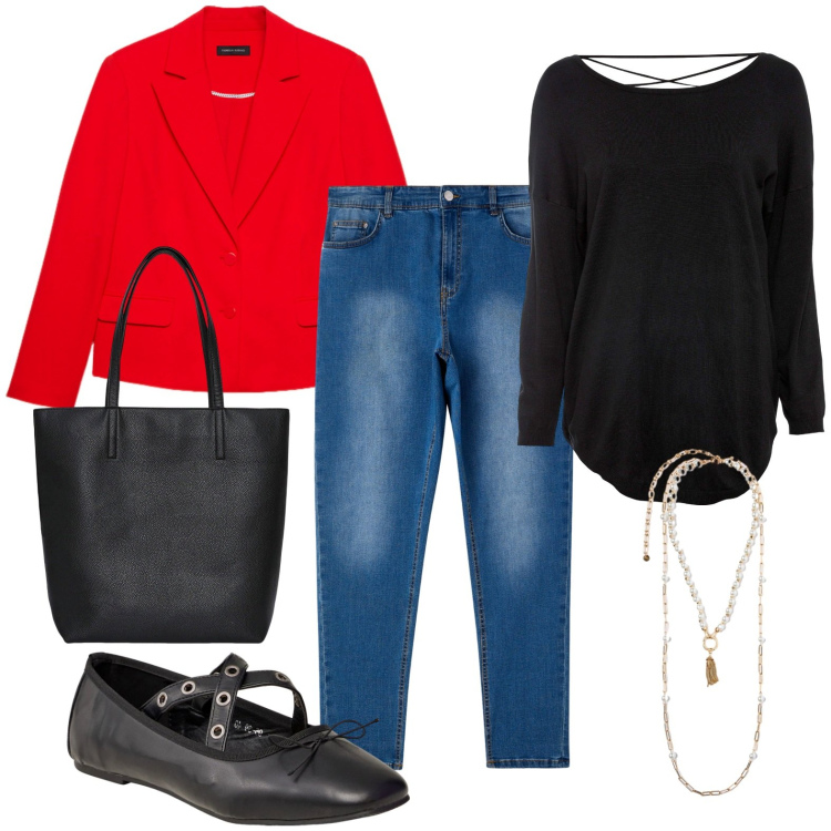 Outfit donna - Giacca rossa. Stile Casual chic per Ufficio. Abbinamento con maglieria, borse tote, jeans skinny, ballerine, collane, blazer.