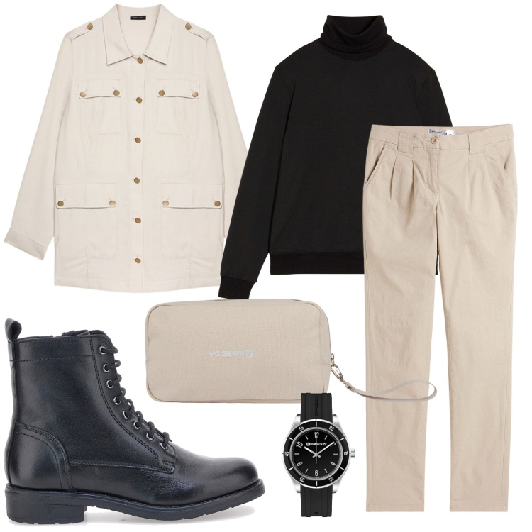Outfit donna - Anfibi neri. Stile Mannish per Tutti i giorni. Abbinamento con pantaloni chino, maglieria, valigie, orologi, anfibi, blazer.