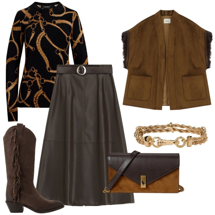 Outfit donna - Country style. Stile Casual chic per Tutti i giorni. Abbinamento con gonne lunghe, gilet, stivali, clutch, braccialetti, maglieria.