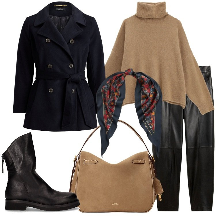 Outfit donna - Il cappotto corto. Stile Trendy per Tutti i giorni. Abbinamento con pantaloni, maglieria, borse a mano, cappotti, foulard, stivaletti.
