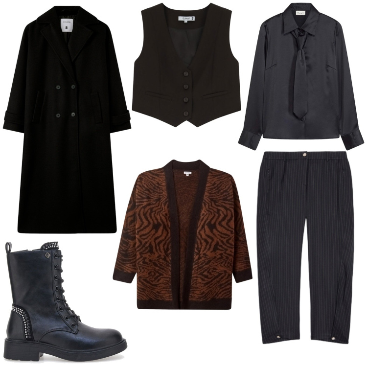 Outfit donna - Autumn Classic. Stile Trendy per Serata fuori. Abbinamento con camicie, cappotti, cardigans, gilet, anfibi, pantaloni.
