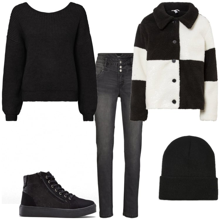 Outfit femme - Veste noir et blanche. Style Urban pour Tous les jours. Assortir avec sneakers, fausses fourrures, pulls, jean slim, bonnets.