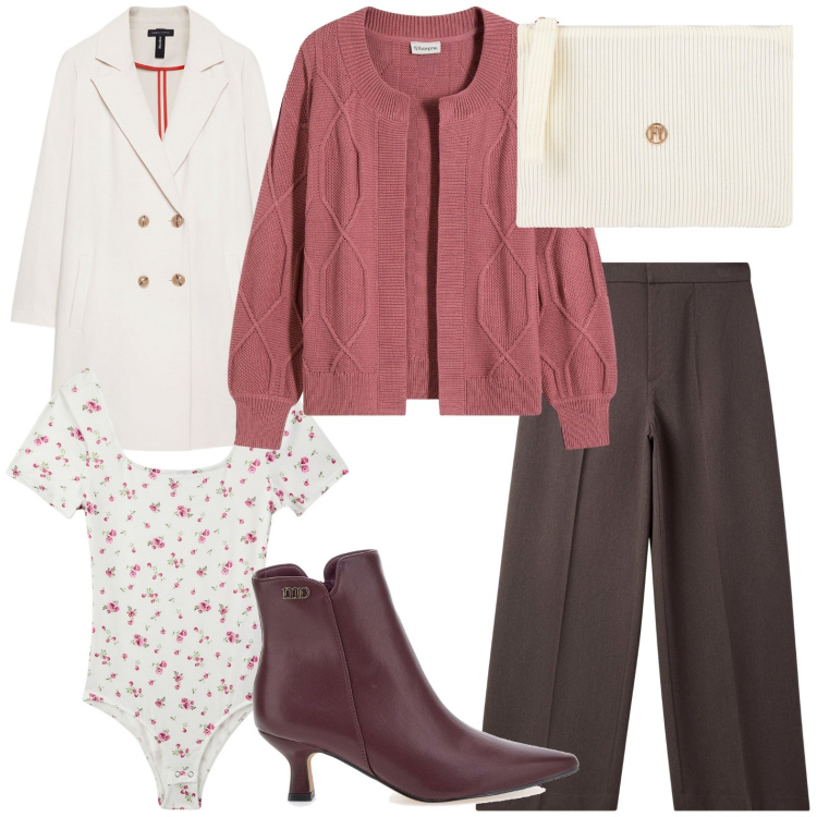 Outfit donna - Abbinamento insoliti. Stile Chic per Ufficio. Abbinamento con cardigans, body, pantaloni, valigie, stivaletti, cappotti.