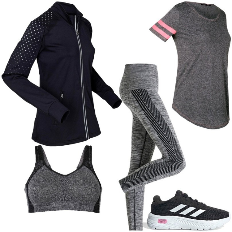 Outfit donna - Allenamento mattutino. Stile Basic per Sport. Abbinamento con reggiseni, giacche sportive, leggings sportivo, t-shirt sportive, vestiti midi/longuette, scarpe sportive.