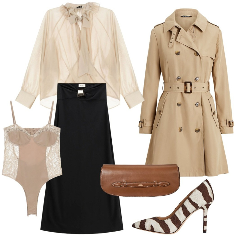 Outfit donna - Cena elegante. Stile Chic per Serata fuori. Abbinamento con body, bluse, gonne lunghe, décolleté, clutch, trench.
