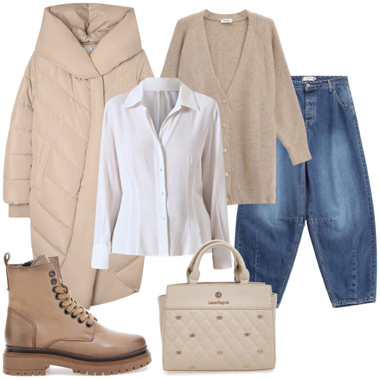 Outfit donna - I dolci colori dell\'autunno. Stile Glamour per Tutti i giorni. Abbinamento con cappotti, jeans, camicie, cardigans, anfibi, borse a mano.