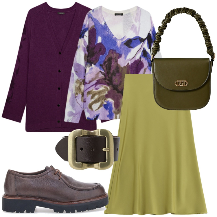 Outfit donna - Seta verde. Stile Glamour per Ufficio. Abbinamento con borse a mano, gonne longuette, cinture, cardigans, scarpe stringate, maglieria.