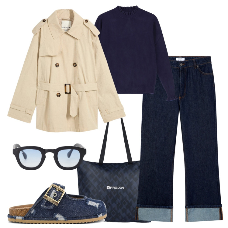 Outfit donna - Il trench!. Stile Urban per Scuola/Università. Abbinamento con trench, jeans, occhiali da sole, shopping bag, maglieria, sabot.