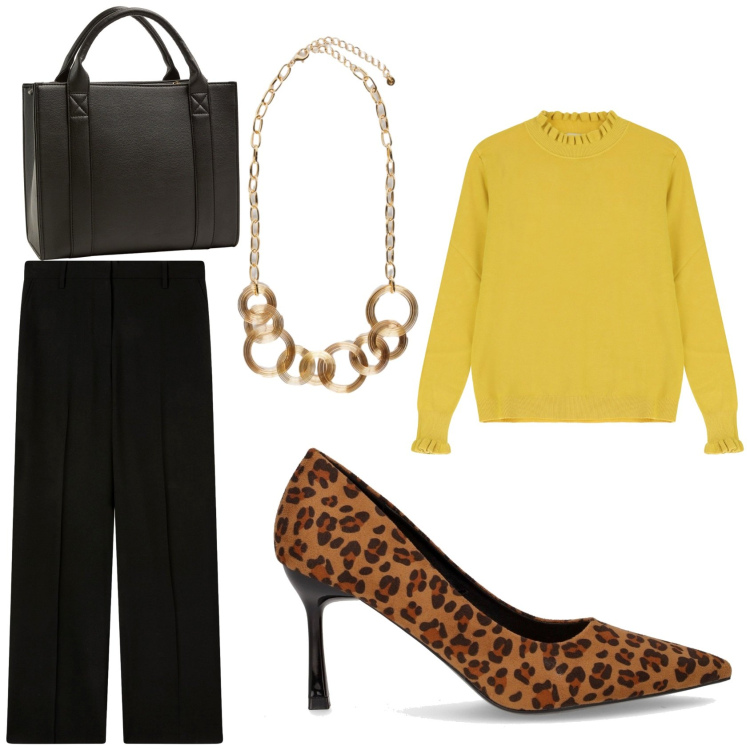 Outfit donna - Il maglione color senape. Stile Casual chic per Ufficio. Abbinamento con borse tote, pantaloni a palazzo, maglieria, collane, décolleté.