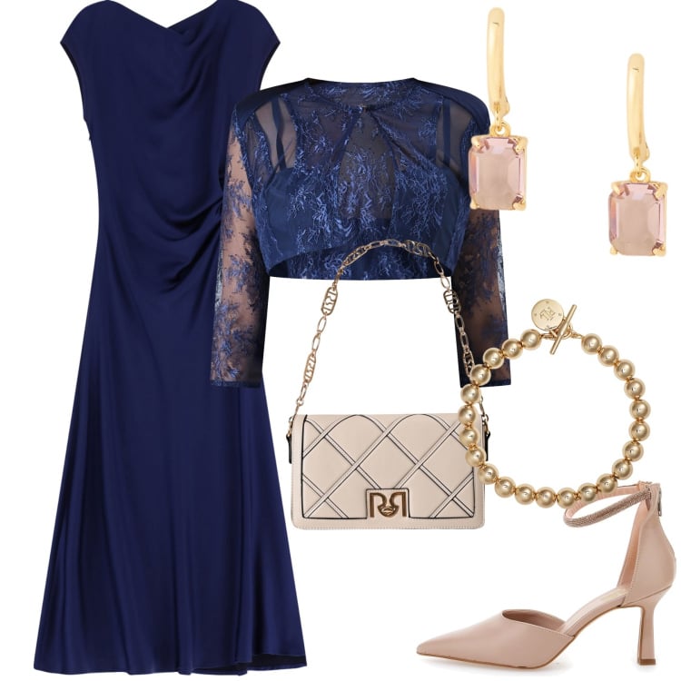 Outfit donna - Rosa e blu per una serata importante. Stile Chic per Cerimonia. Abbinamento con bolero, borse a tracolla, vestiti lunghi, braccialetti, orecchini, décolleté.