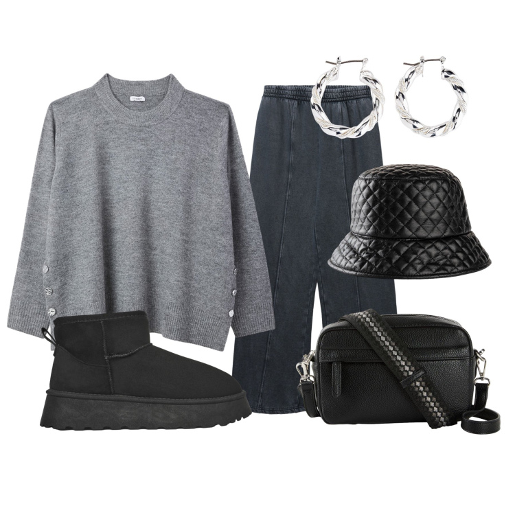 Outfit donna - Maglione comodo. Stile Basic per Tutti i giorni. Abbinamento con orecchini, cappelli con visiera, borse a tracolla, maglieria, pantaloni, stivaletti.