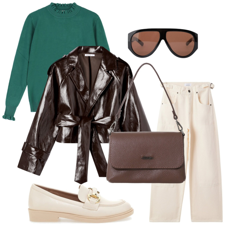 Outfit donna - La borsa mocha mousse. Stile Casual per Ufficio. Abbinamento con pantaloni, giacche, occhiali da sole, borse a tracolla, maglieria, mocassini.