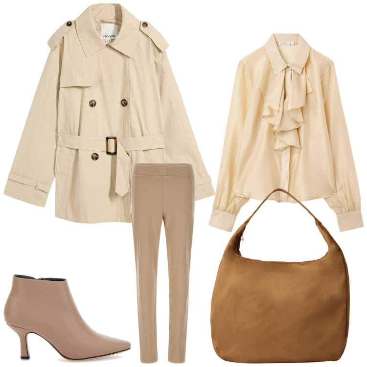 Outfit donna - Mrs.Beige. Stile Chic per Serata fuori. Abbinamento con trench, camicie, borse a mano, pantaloni, stivaletti.