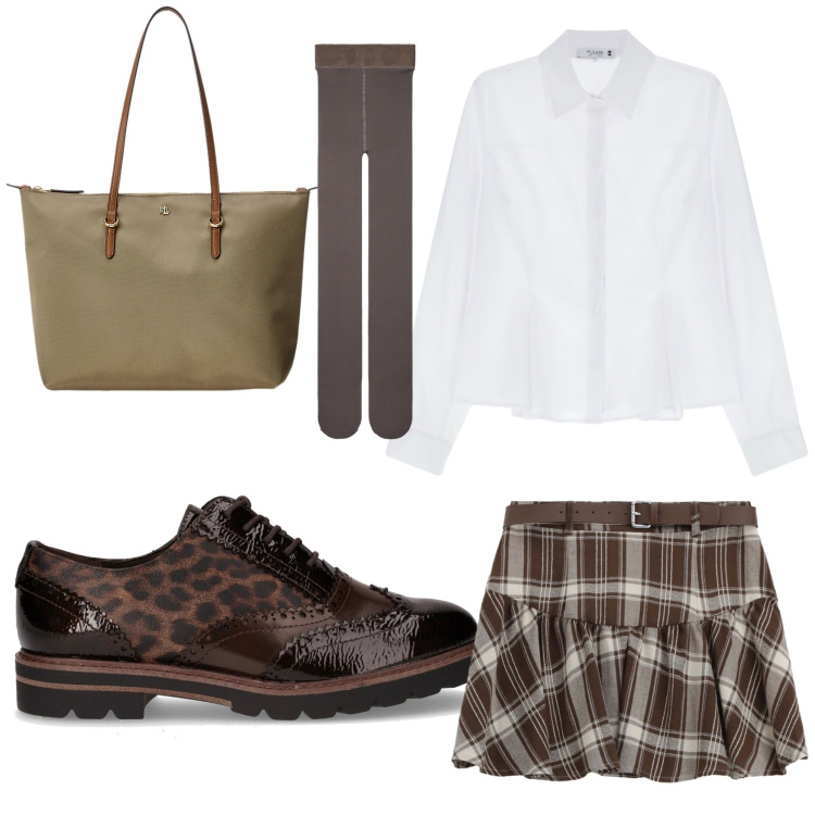 Outfit donna - Stile preppy. Stile Preppy per Scuola/Università. Abbinamento con collant, camicie, minigonne, borse tote, scarpe stringate.