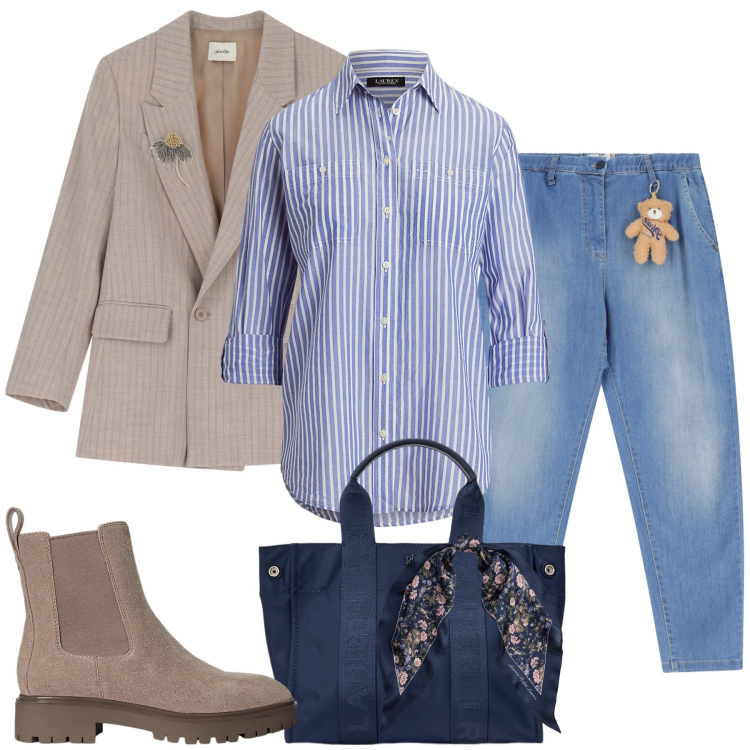 Outfit donna - Pomeriggio di shopping. Stile Casual chic per Tutti i giorni. Abbinamento con jeans, blazer, borse tote, camicie, stivaletti chelsea, foulard.