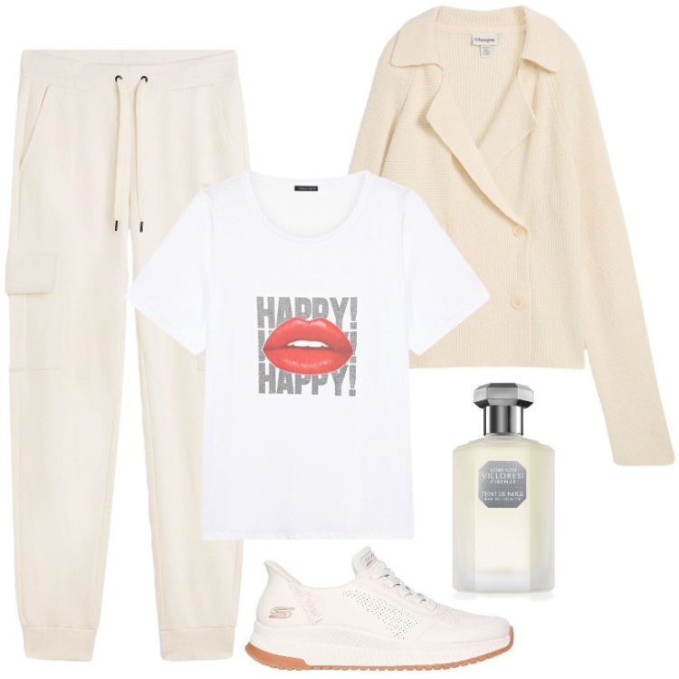 Outfit donna - Total look #2260658. Stile Casual per Tutti i giorni. Abbinamento con cardigans, profumi, pantaloni sportivi, sneakers, t-shirt.